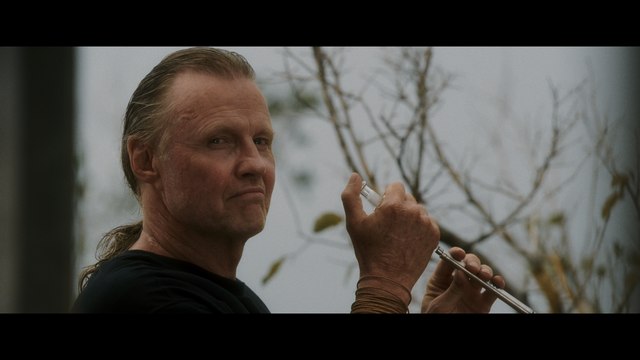 A man with long hair and a serious expression, holding a flute, surrounded by sparse trees and a gray sky.