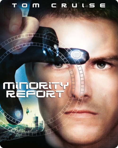 Blu-ray cover of the movie 'Minority Report' featuring a close-up of a man using a futuristic device, with a city skyline in the background.