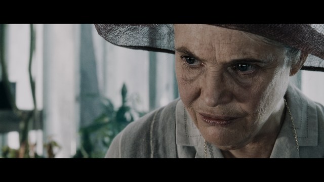 Close-up of an elderly woman in a wide-brimmed hat, with a serious expression. She is in an indoor setting with visible plants in the background.