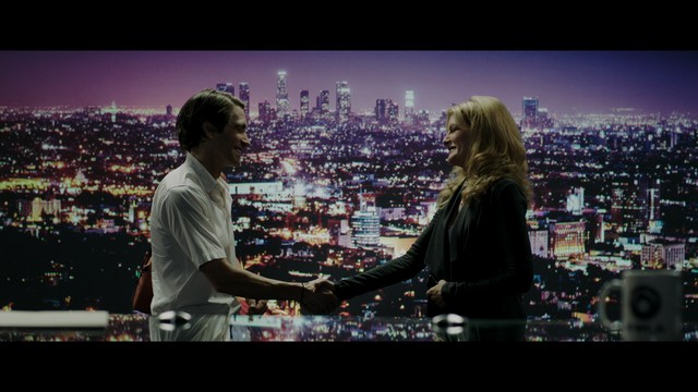 Three characters looking down with surprised expressions, framed from below.