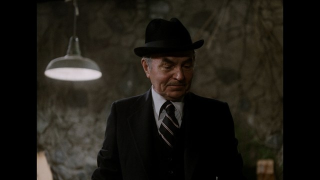 A man in a suit and hat standing under a hanging light in a dimly lit room with stone walls.
