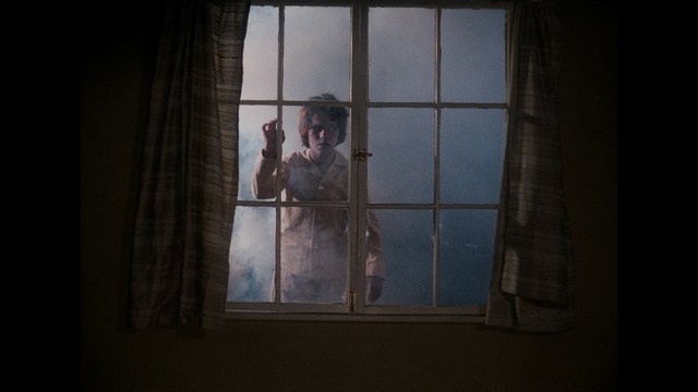 A figure with messy hair stands outside a window, shrouded in fog, looking inside with a hand raised against the glass.