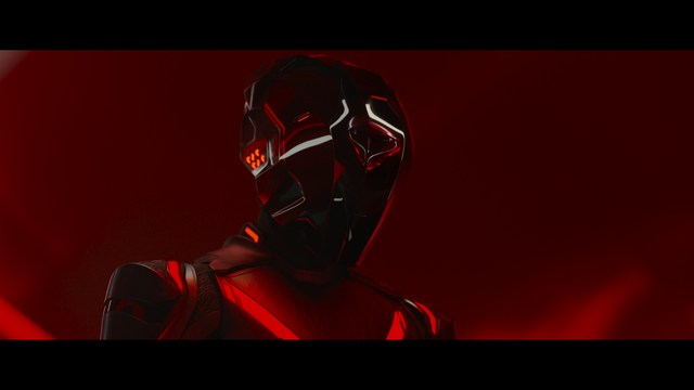 Four anthropomorphic turtles in ninja attire stand in a dimly lit room, while a humanoid character with fur sits nearby.